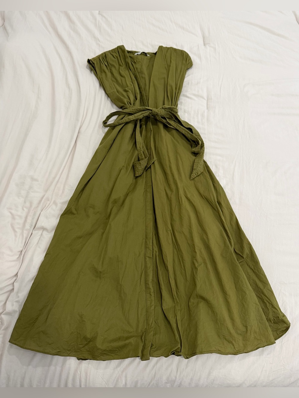 Zara Olive Green Wrap Maxi Dress with Tie Waist